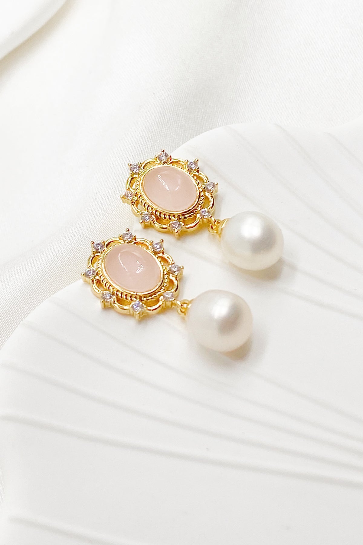 Bella Rose Quartz Filigree Pearl Drop Earrings 1