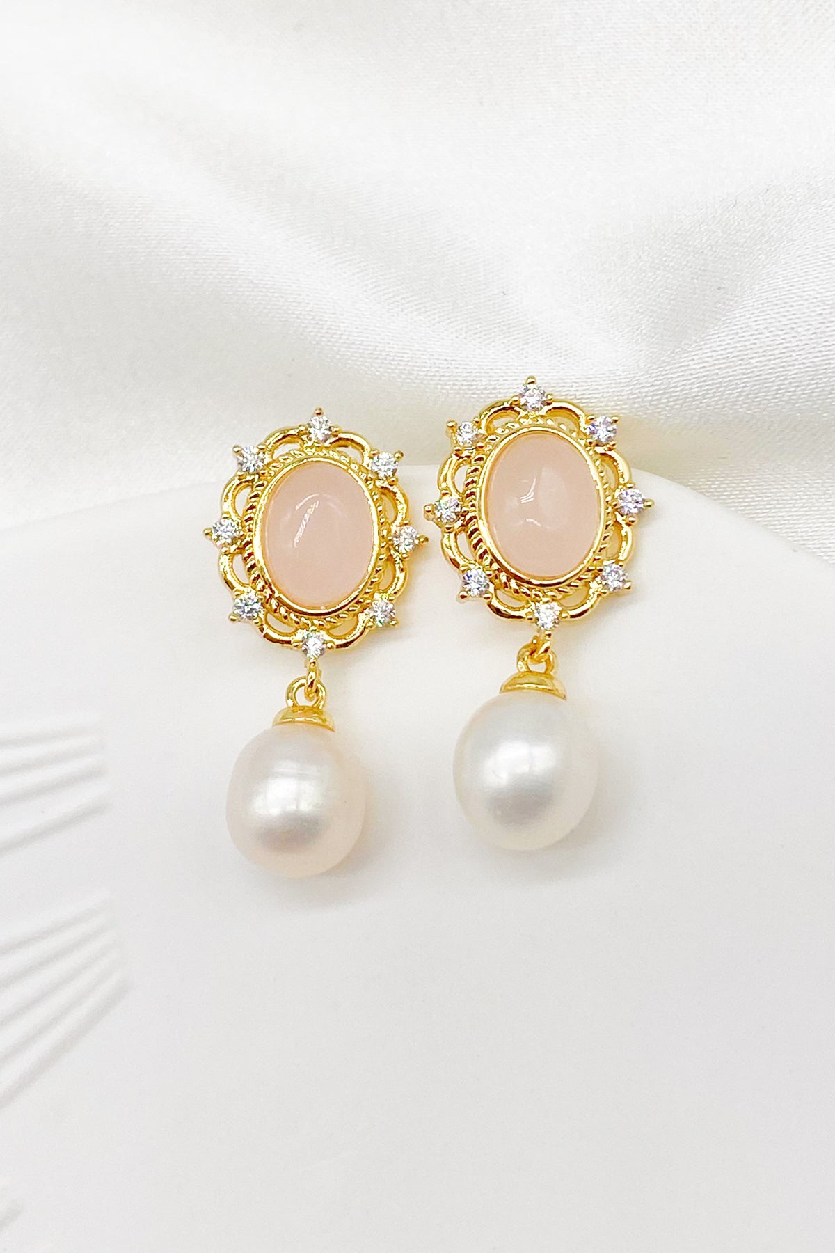 Bella Rose Quartz Filigree Pearl Drop Earrings 3