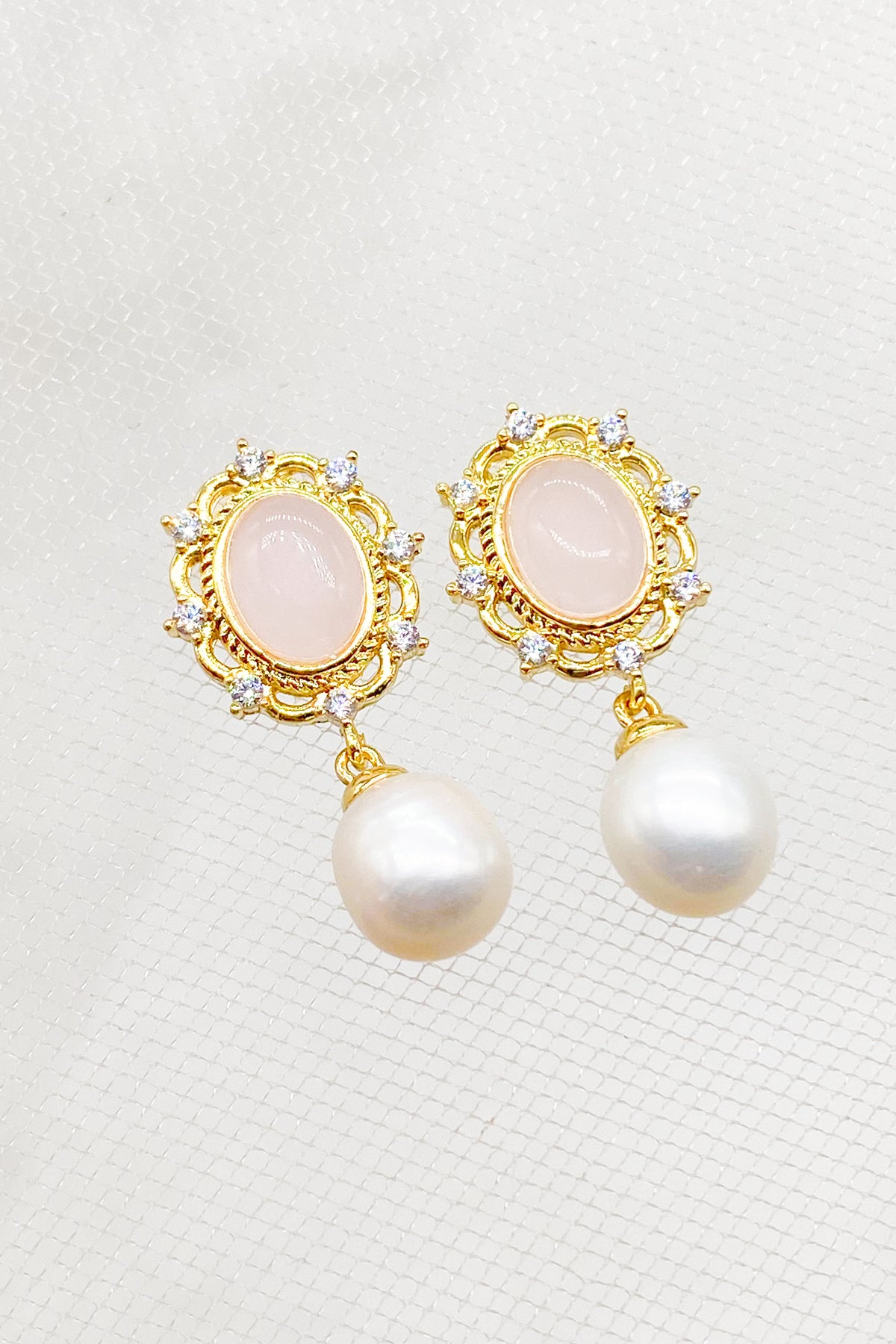 Bella Rose Quartz Filigree Pearl Drop Earrings 4