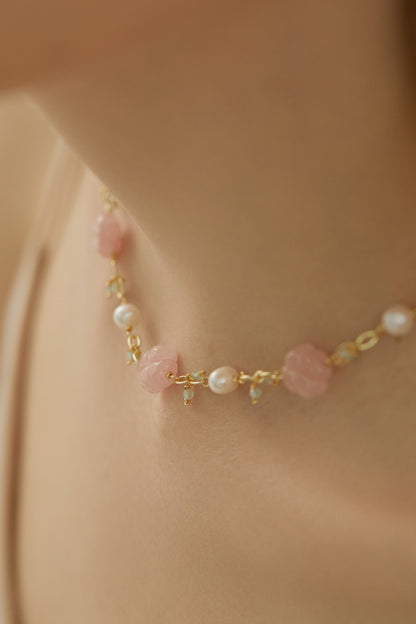 Delilah Cherry Blossom Rose Quartz Pearl Necklace