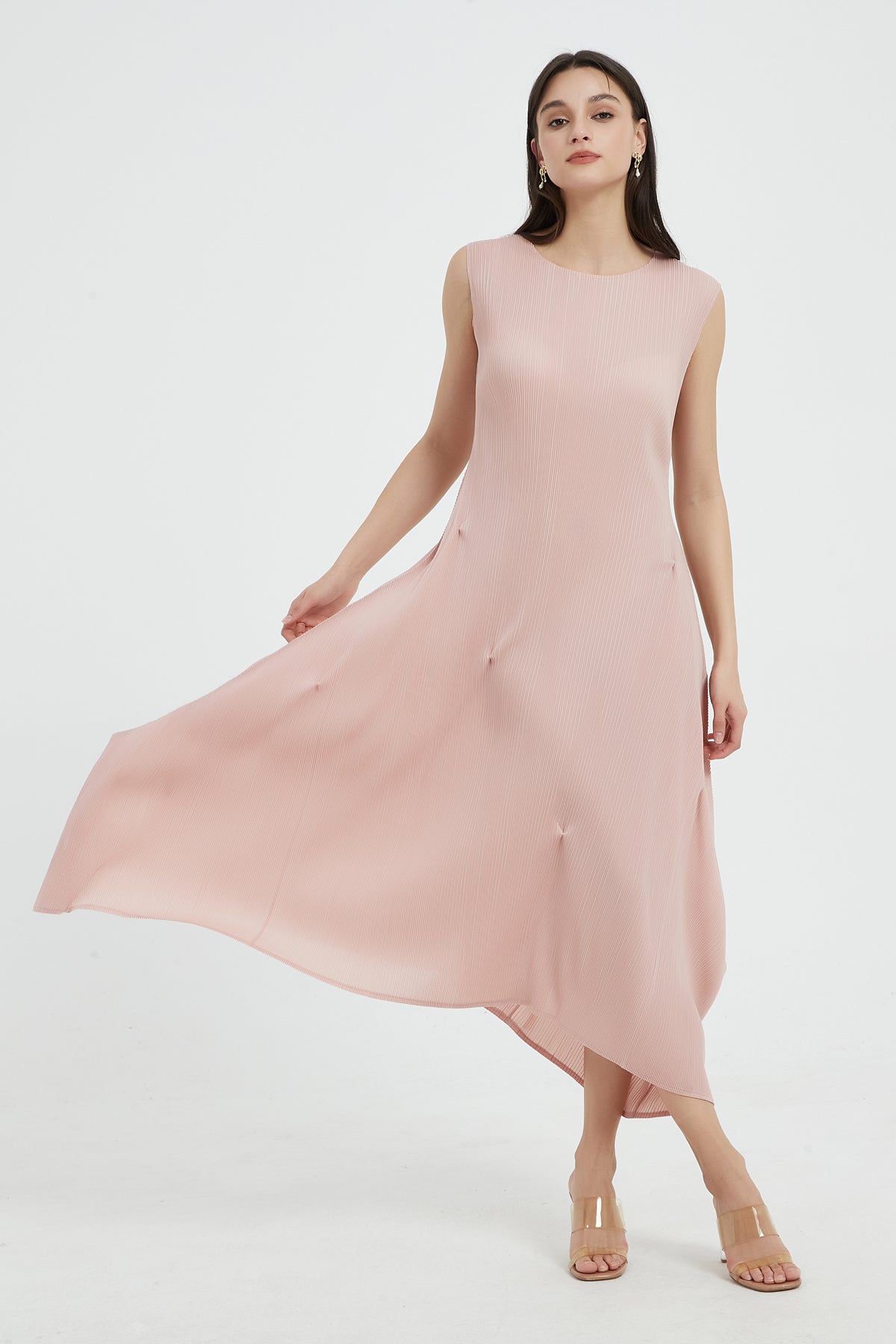SKYE Katherine Asymmetric Hem Pleated Midi dress pink