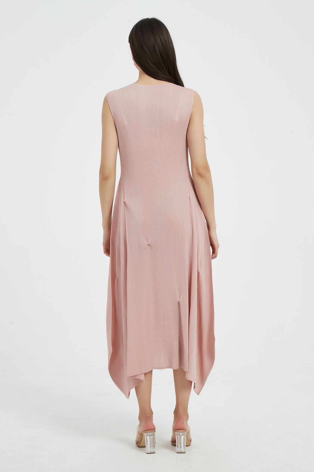 SKYE Katherine Asymmetric Hem Pleated Midi dress pink2