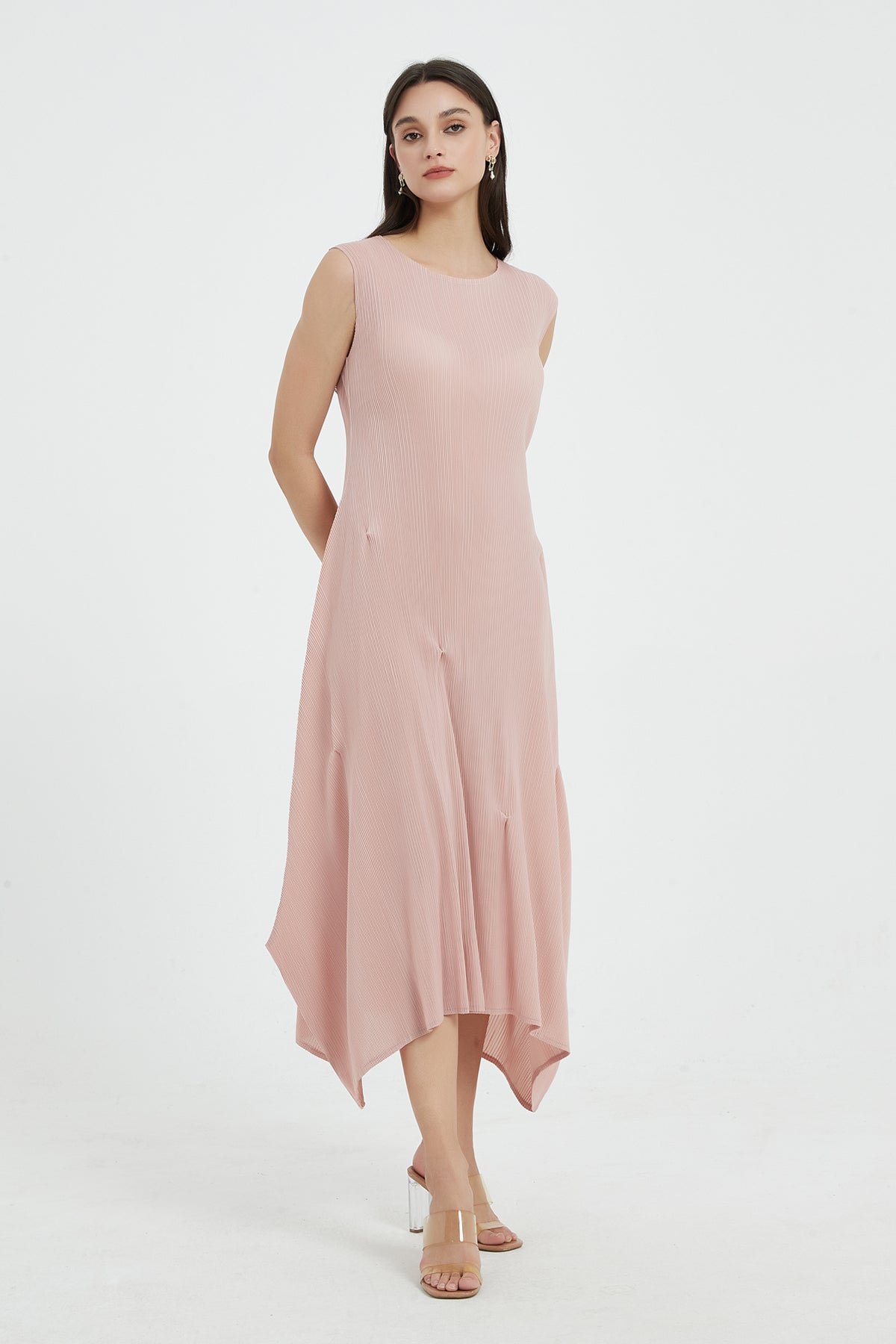 SKYE Katherine Asymmetric Hem Pleated Midi dress pink4