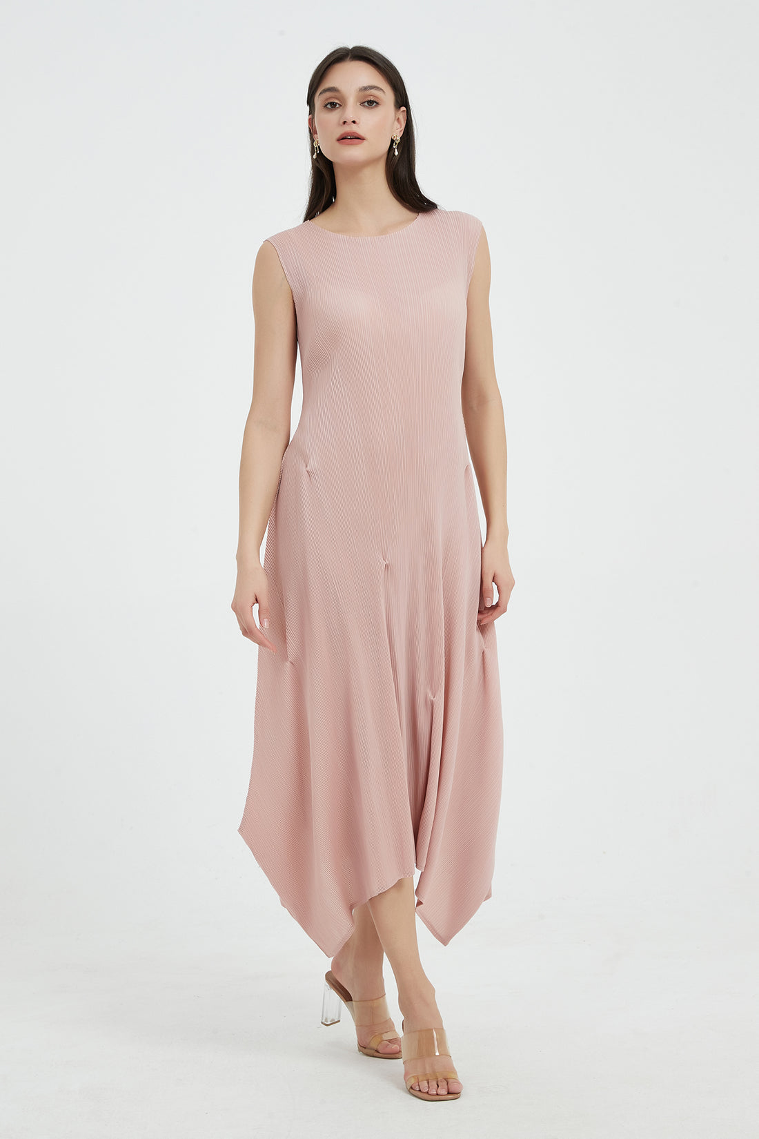 SKYE Katherine Asymmetric Hem Pleated Midi dress pink5
