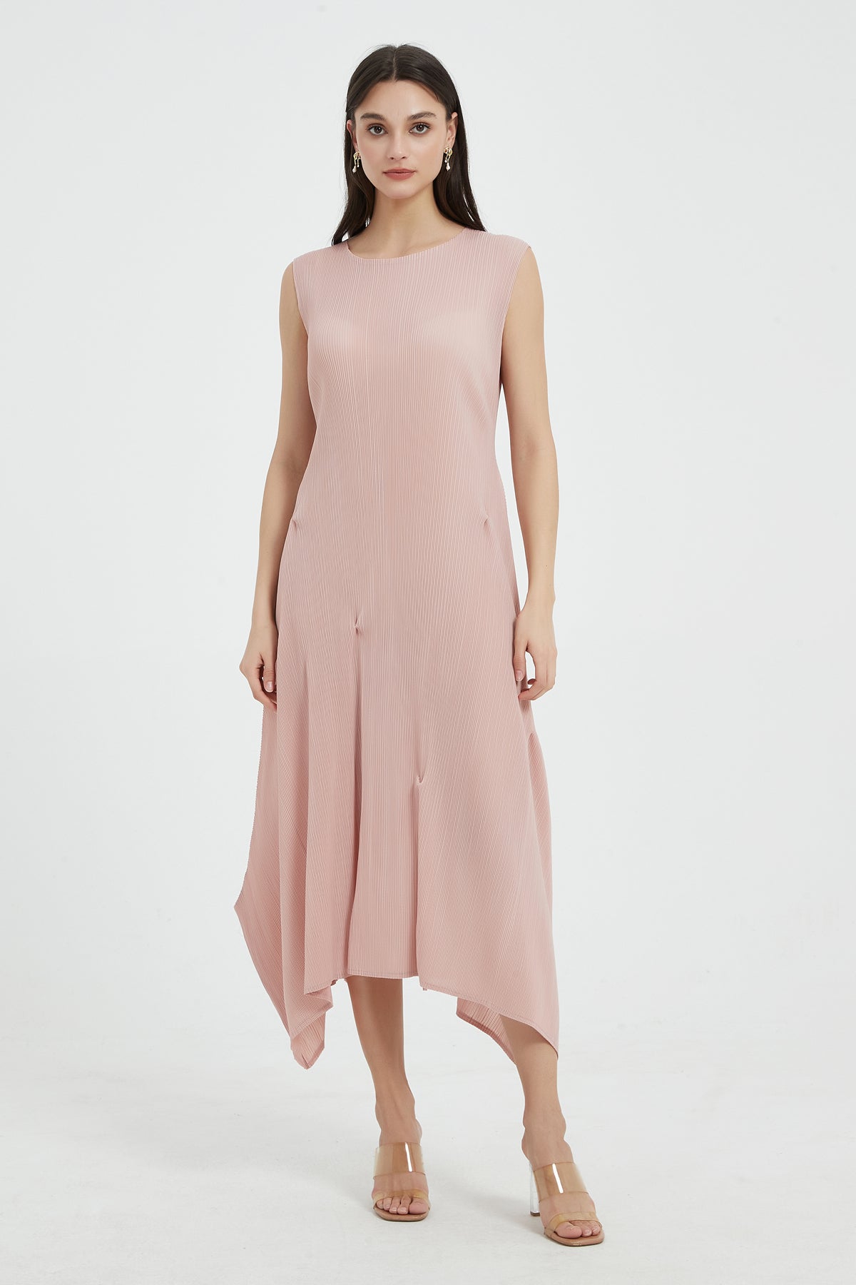 SKYE Katherine Asymmetric Hem Pleated Midi dress pink6