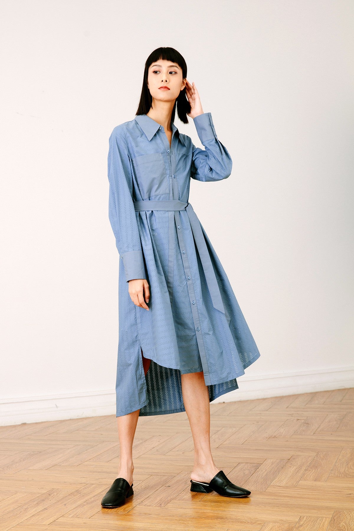 SKYE San Francisco SF California shop ethical sustainable modern chic minimalist luxury clothing women fashion Olivia Shirt Dress blue 1