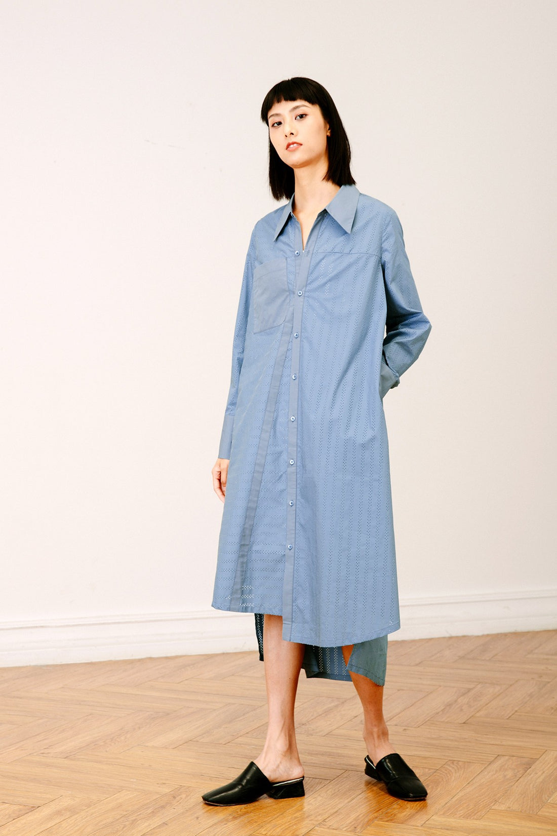 SKYE San Francisco SF California shop ethical sustainable modern chic minimalist luxury clothing women fashion Olivia Shirt Dress blue 2
