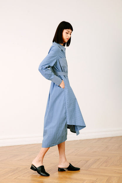 SKYE San Francisco SF California shop ethical sustainable modern chic minimalist luxury clothing women fashion Olivia Shirt Dress blue 3