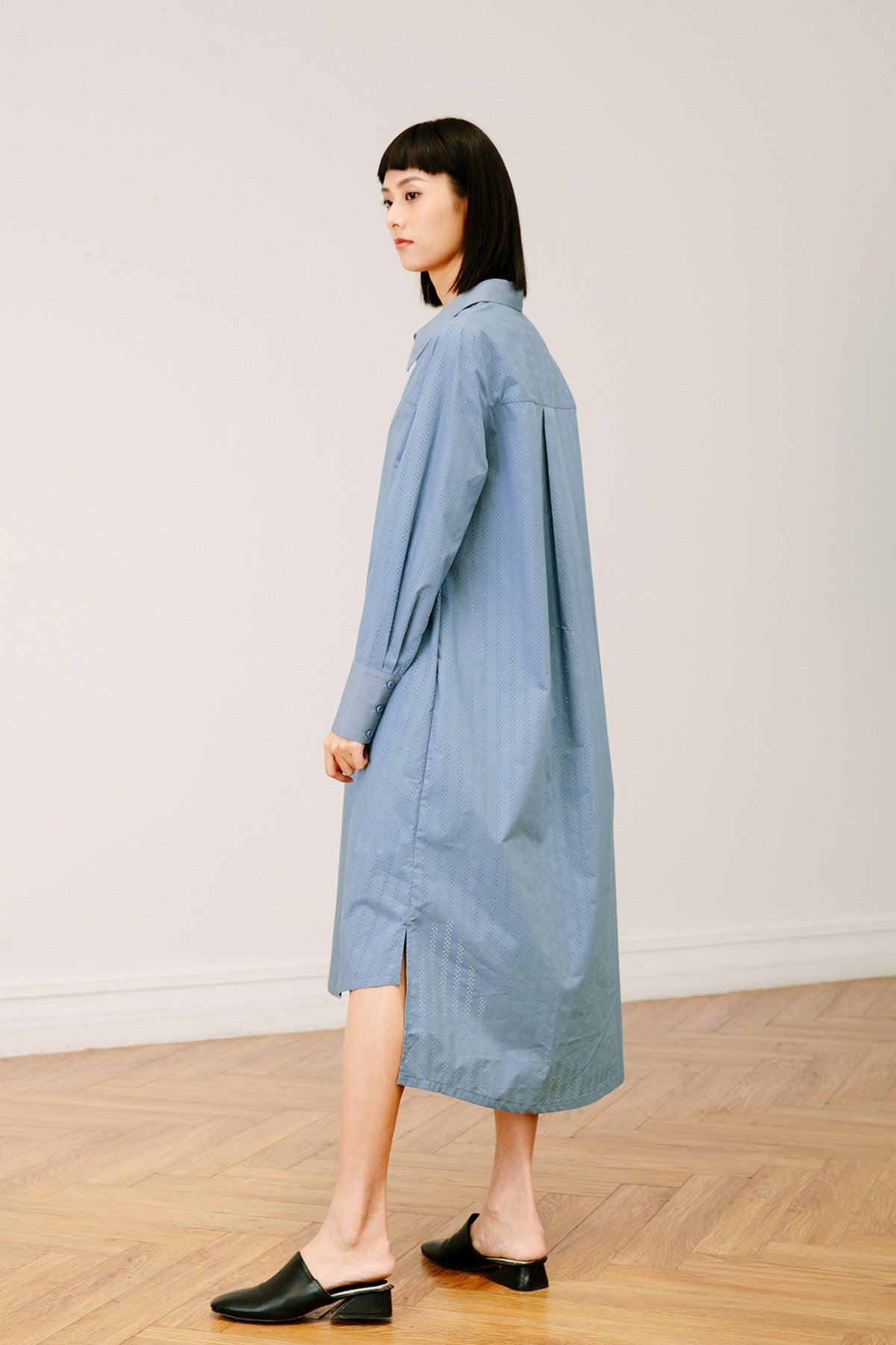 SKYE San Francisco SF California shop ethical sustainable modern chic minimalist luxury clothing women fashion Olivia Shirt Dress blue 6