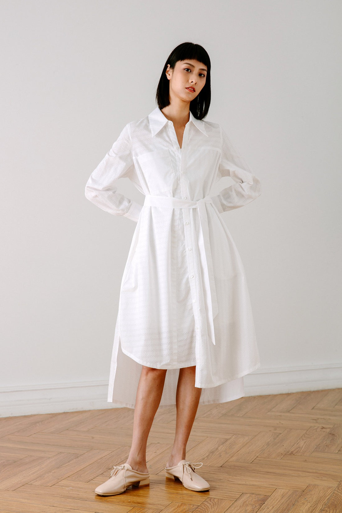 SKYE San Francisco SF California shop ethical sustainable modern chic minimalist luxury clothing women fashion Olivia Shirt Dress white 1