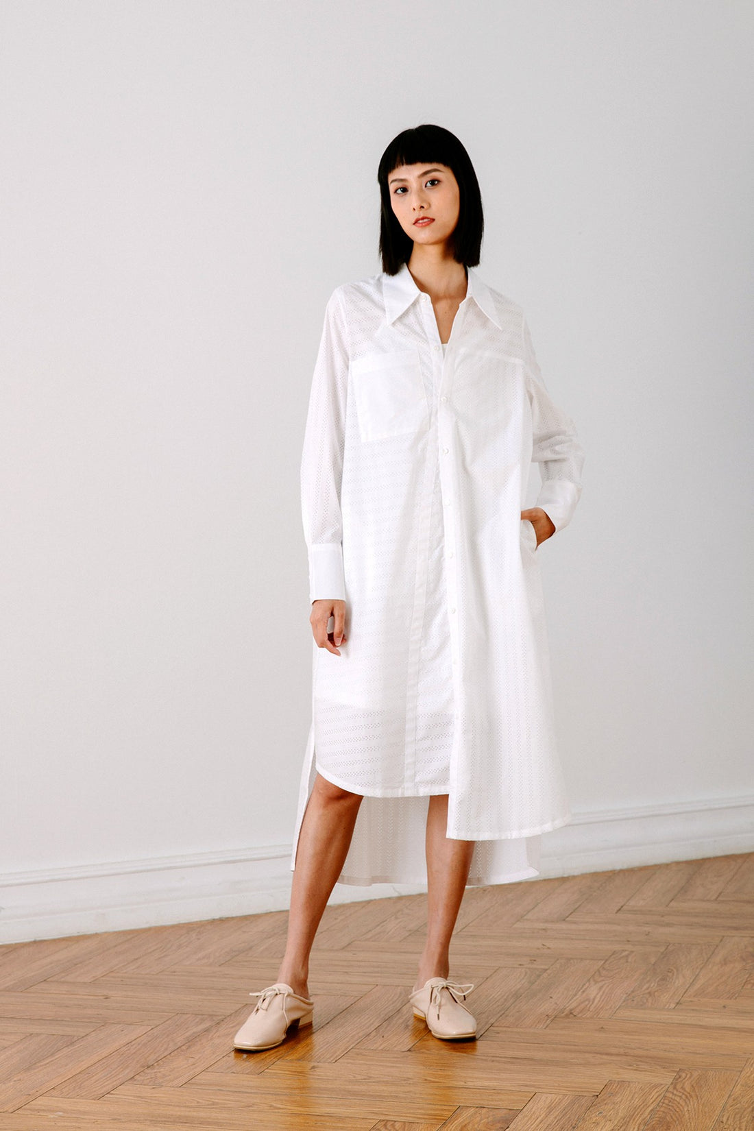 SKYE San Francisco SF California shop ethical sustainable modern chic minimalist luxury clothing women fashion Olivia Shirt Dress white 2