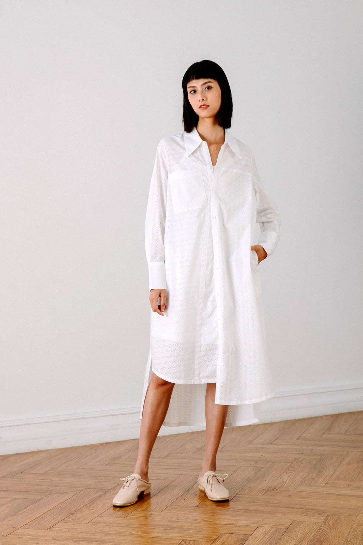 SKYE San Francisco SF California shop ethical sustainable modern chic minimalist luxury clothing women fashion Olivia Shirt Dress white 2