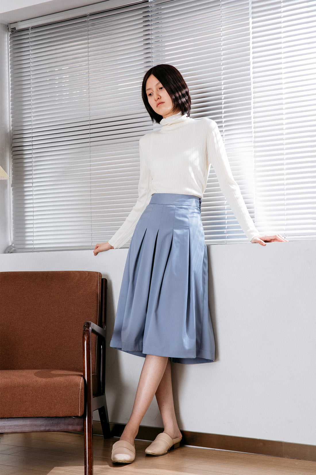 SKYE San Francisco SF California shop ethical sustainable modern chic minimalist luxury clothing women fashion Quintin Pleated Culottes light blue 1