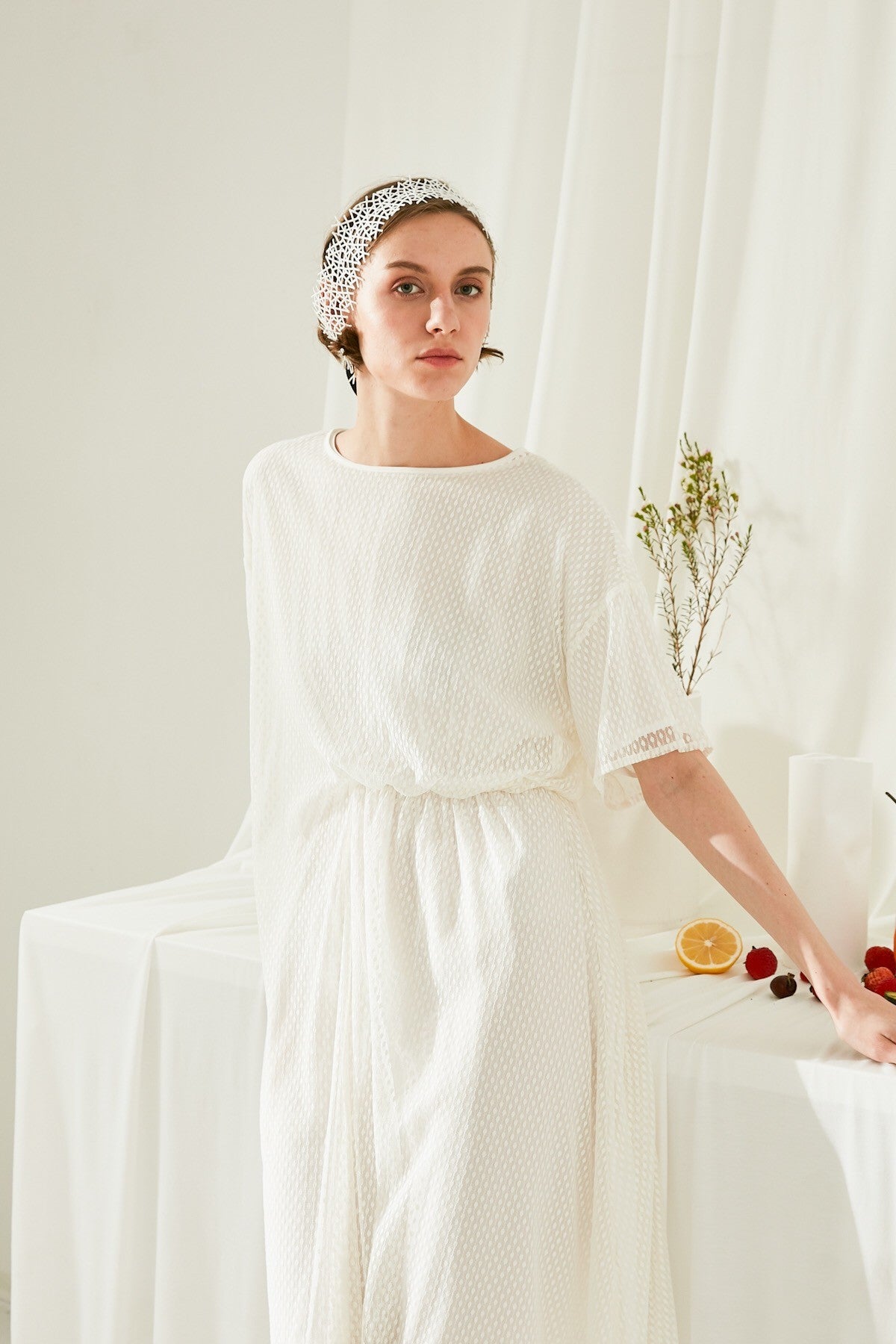 Silk Georgette Flutter Sleeve A-line Wedding Dress with Navy Sash