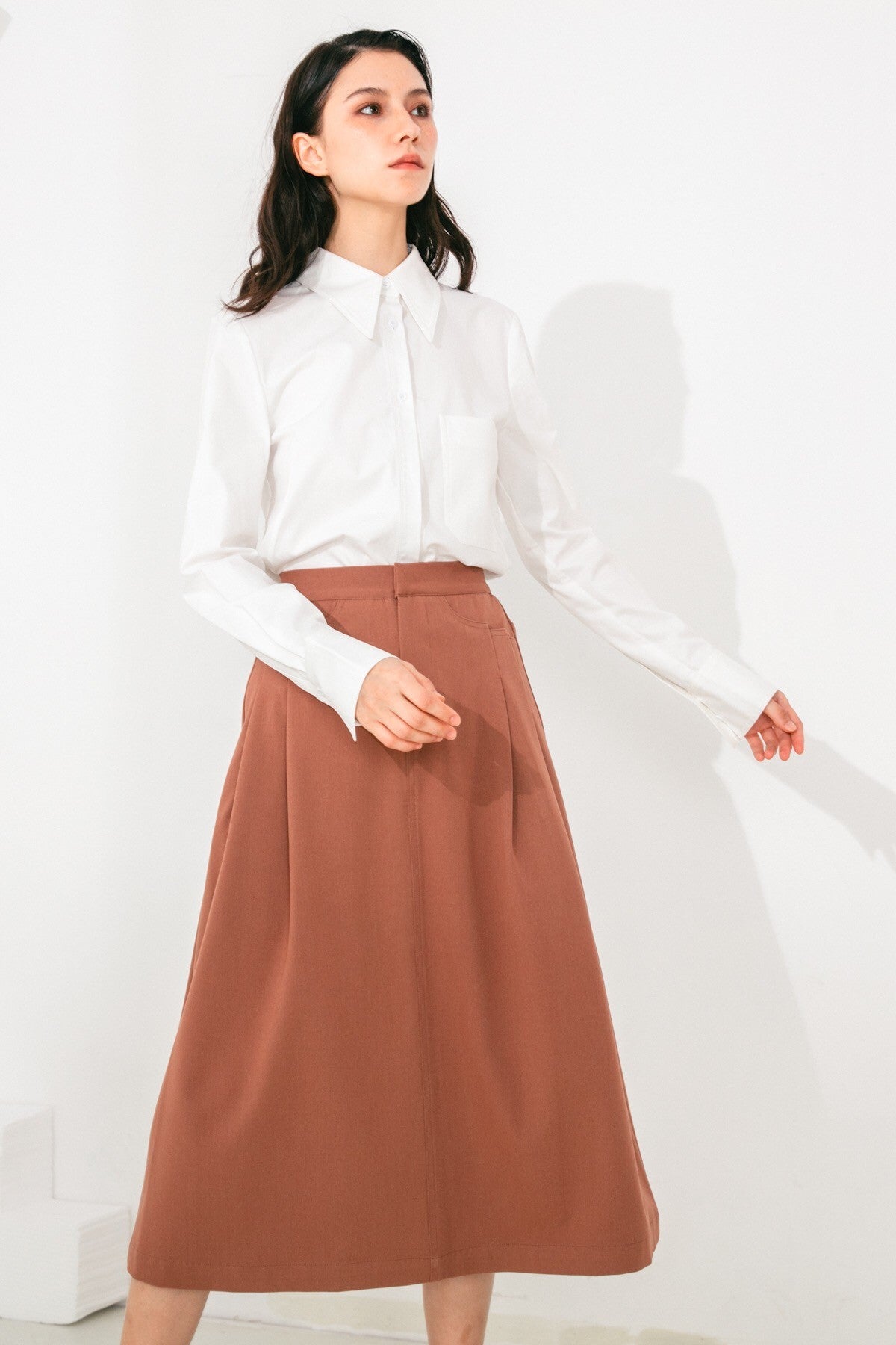 SKYE San Francisco SF shop ethical sustainable modern minimalist elegant quality women clothing fashion brand Aurelie Midi Skirt Light Brown 3