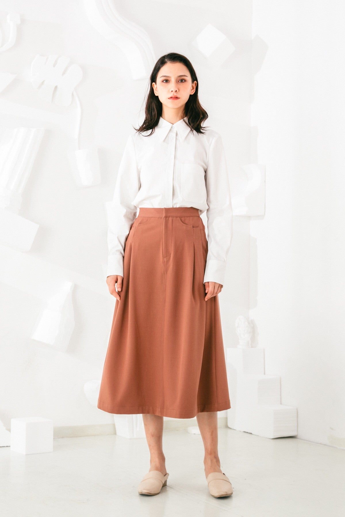 SKYE San Francisco SF shop ethical sustainable modern minimalist elegant quality women clothing fashion brand Aurelie Midi Skirt Light Brown 4