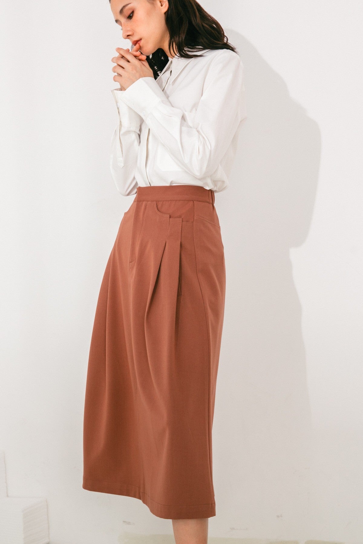 SKYE San Francisco SF shop ethical sustainable modern minimalist elegant quality women clothing fashion brand Aurelie Midi Skirt Light Brown 6