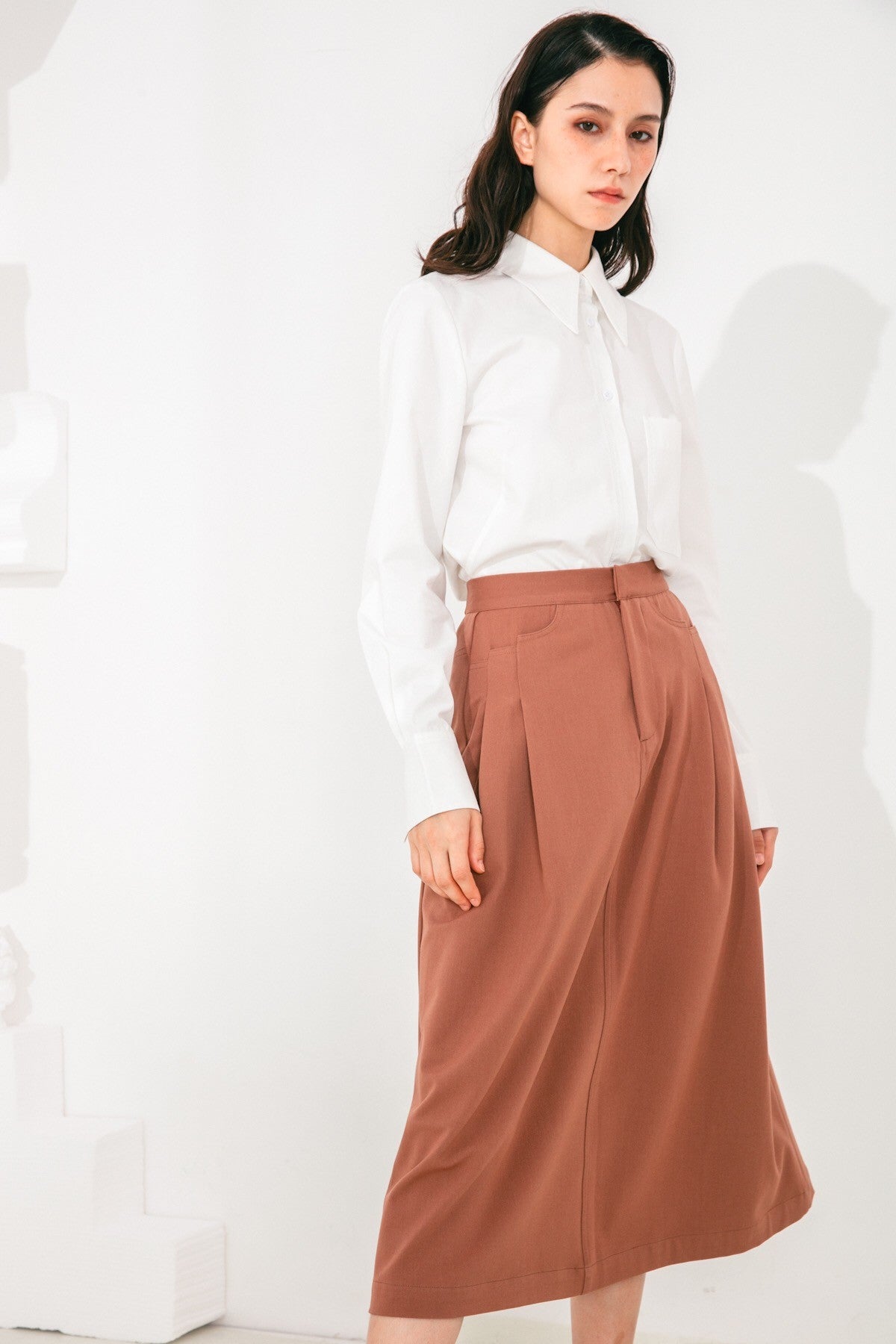 SKYE San Francisco SF shop ethical sustainable modern minimalist elegant quality women clothing fashion brand Aurelie Midi Skirt Light Brown