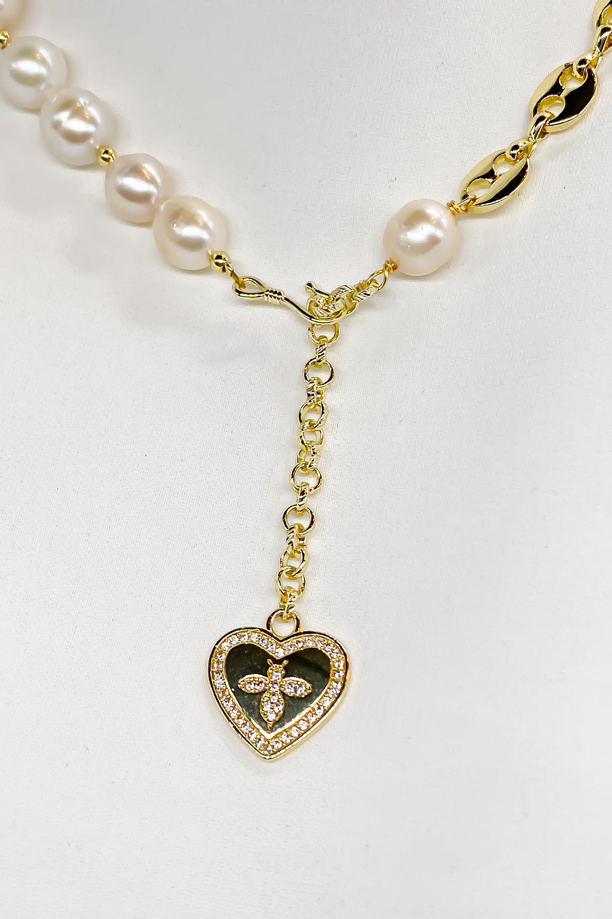 Bellamy Crystal Bee Heart Pendant Pearl Necklace