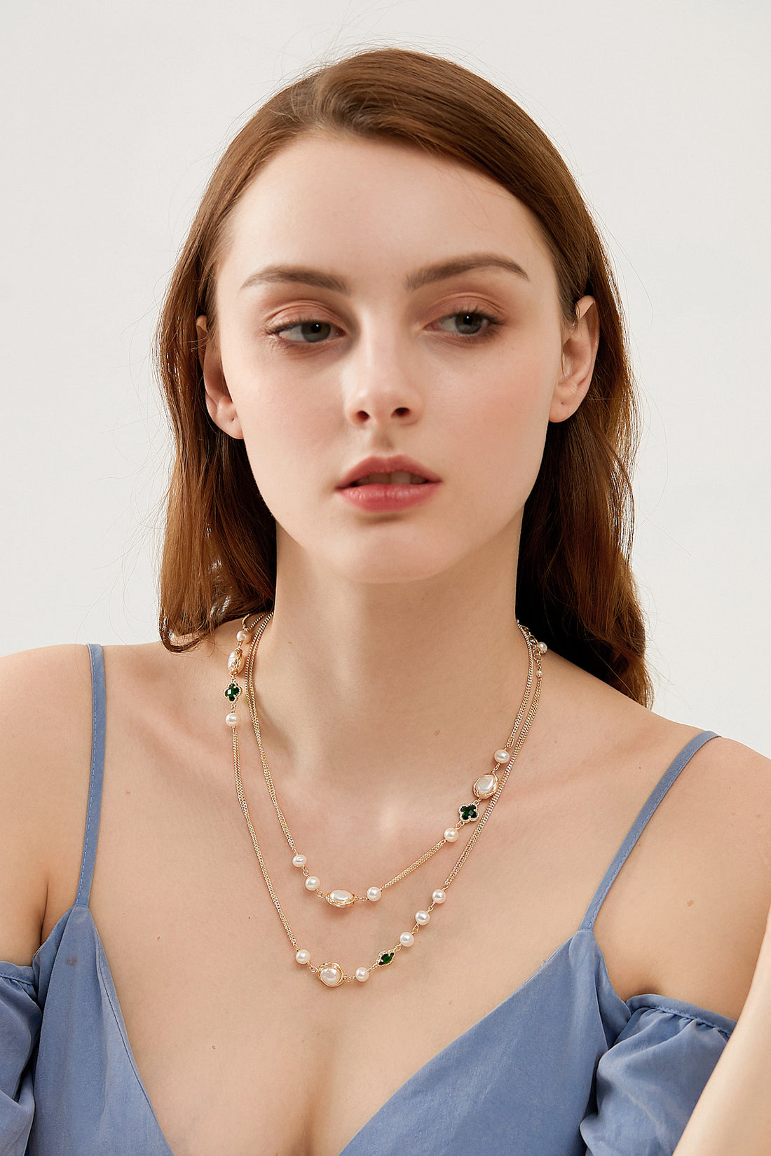 SKYE San Francisco Shop SF Chic Modern Elegant Classy Women Jewelry French Parisian Minimalist Estelle Clover Pearl Long Layered NecklaceEstelle Clover Pearl Long Layered Necklace 4