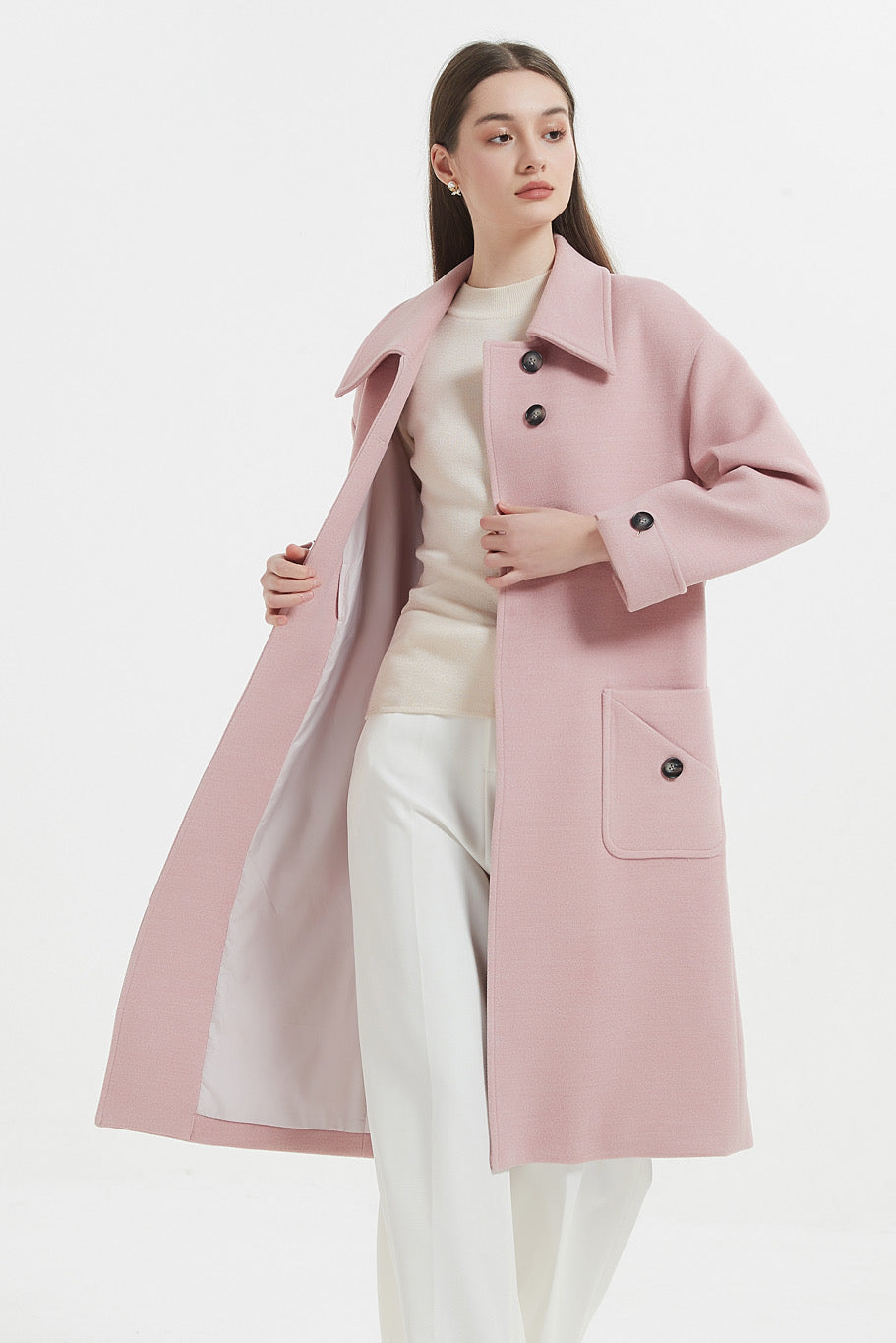 SKYE Shop Chic Modern Elegant Timeless Women Clothing French Parisian Minimalist Annabelle Long Wool Coat Pink 7