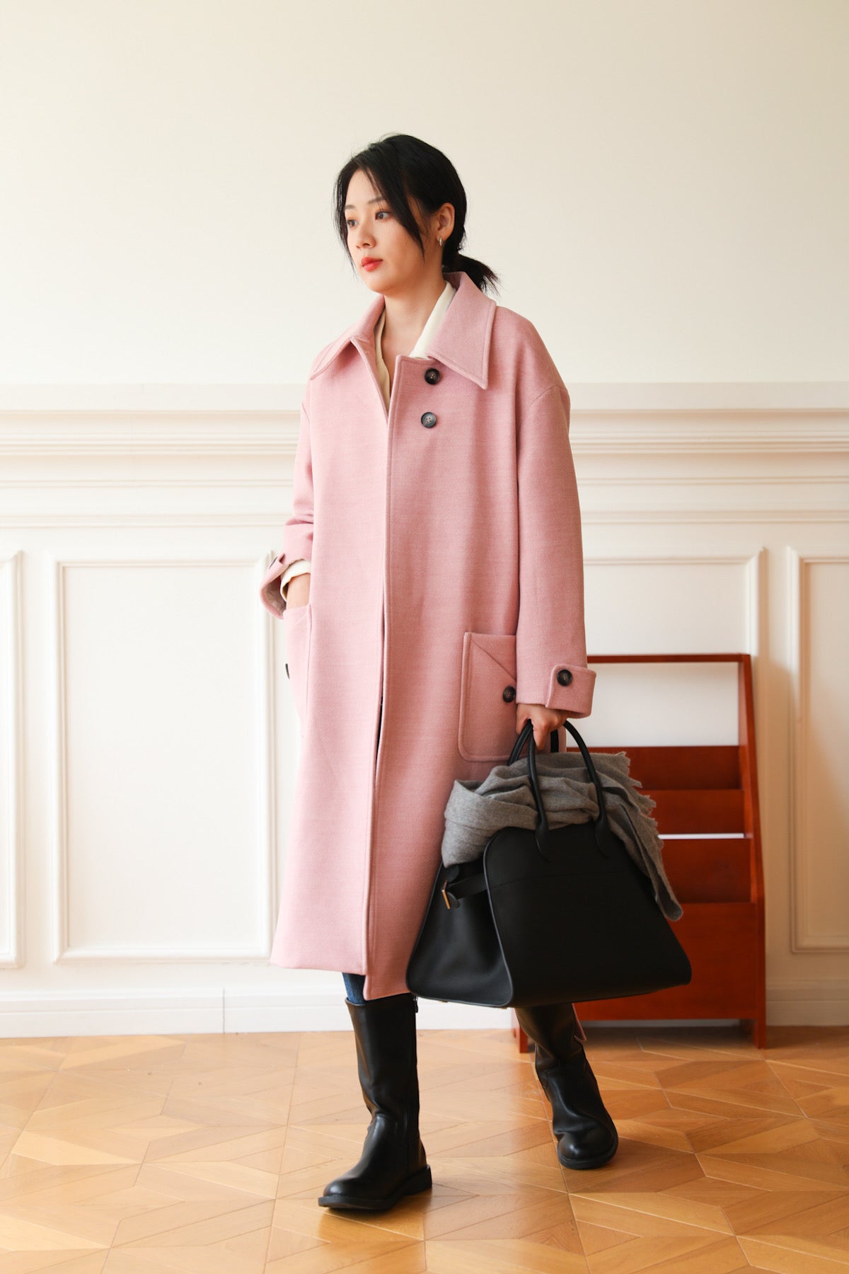 Pink wool deals long coat