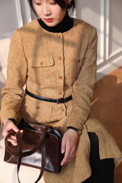 SKYE Shop Chic Modern Elegant Timeless Women Clothing French Parisian Minimalist Emilia Tweed Dress brown 6