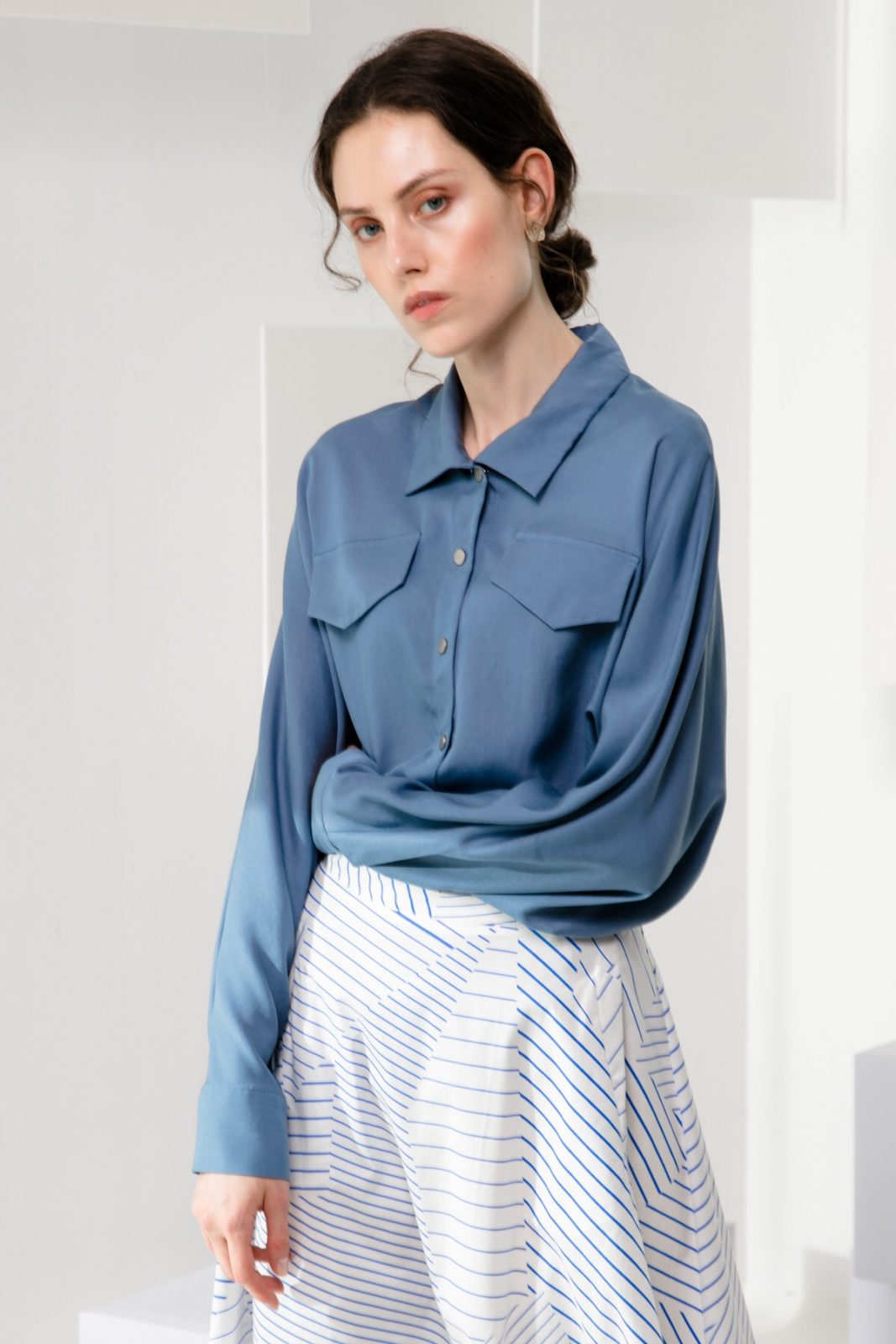 SKYE minimalist women clothing fashion Kaia Tencel Blouse Top blue 3