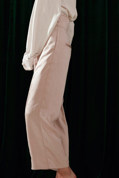 SKYE modern minimalist women fashion long asymmetric high waist wide legged pants with tie belt light beige 2
