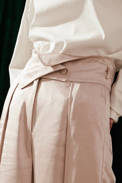 SKYE modern minimalist women fashion long asymmetric high waist wide legged pants with tie belt light beige 3