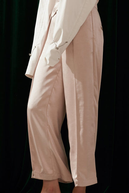 SKYE modern minimalist women fashion long asymmetric high waist wide legged pants with tie belt light beige 4