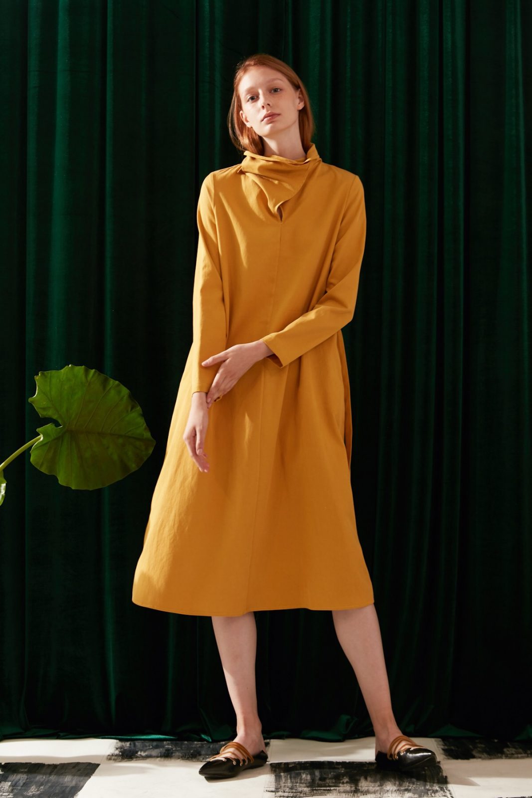 SKYE modern minimalist women fashion long sleeve asymmetric high collar dress mustard 2