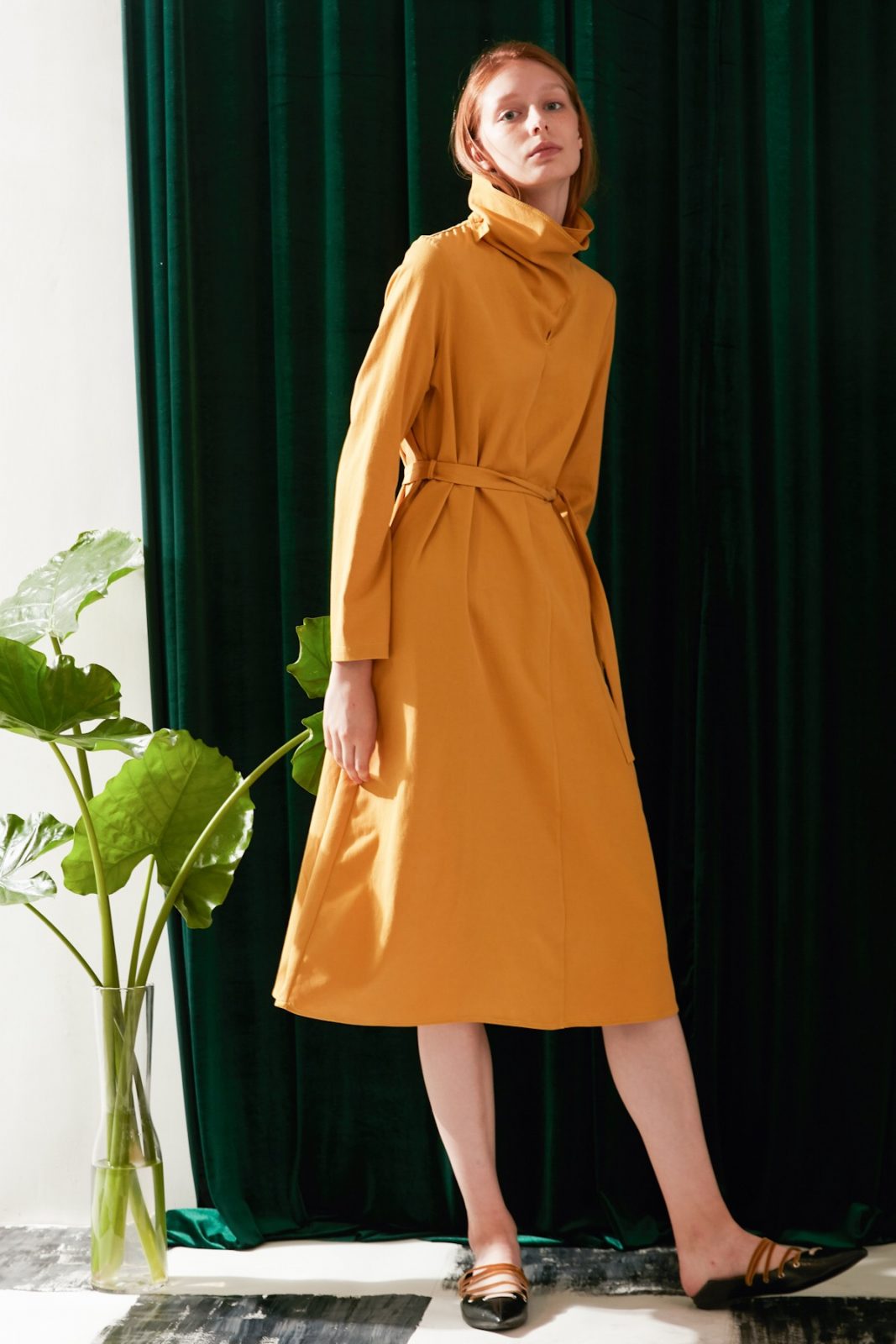 SKYE modern minimalist women fashion long sleeve asymmetric high collar dress mustard 3