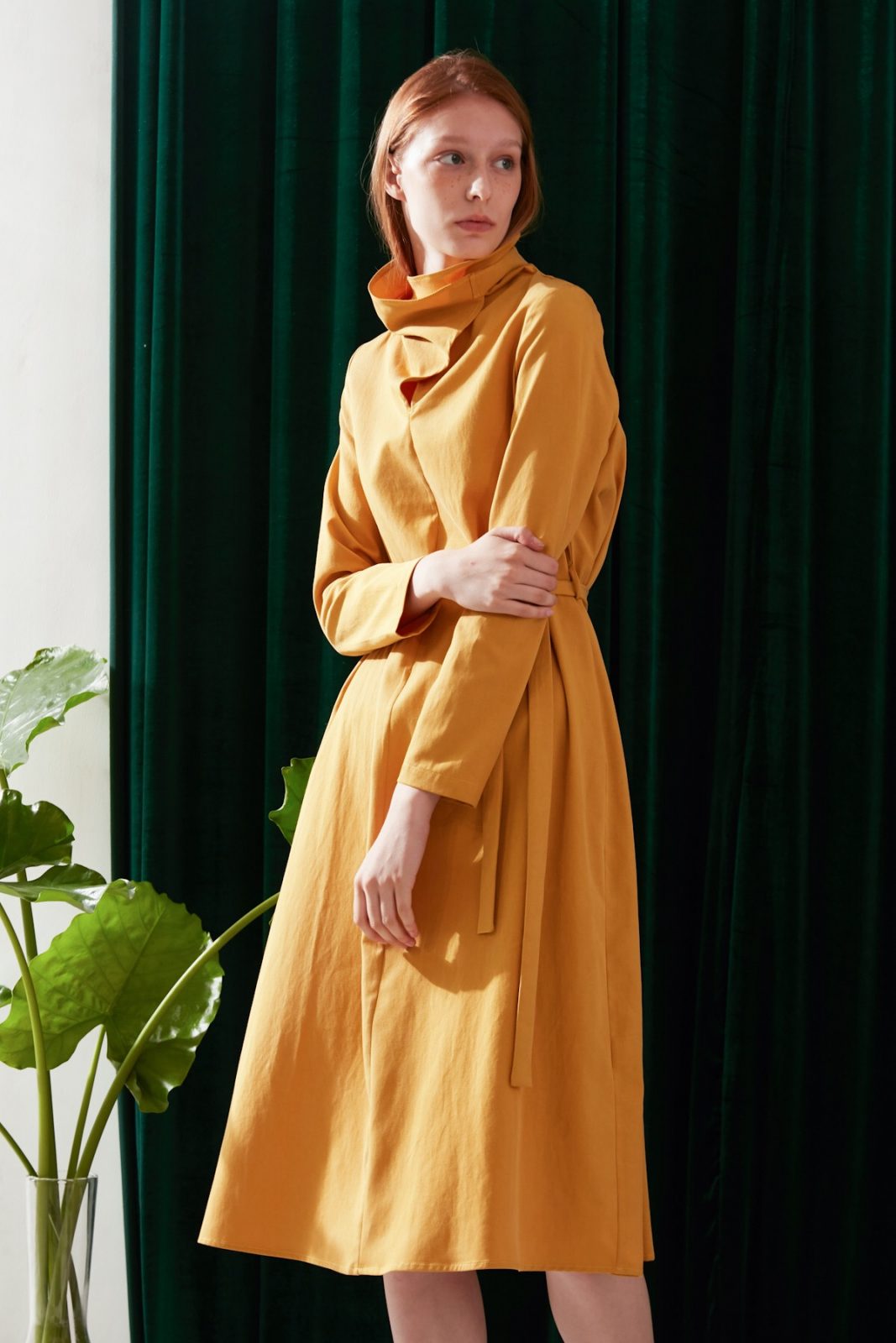 SKYE modern minimalist women fashion long sleeve asymmetric high collar dress mustard 4