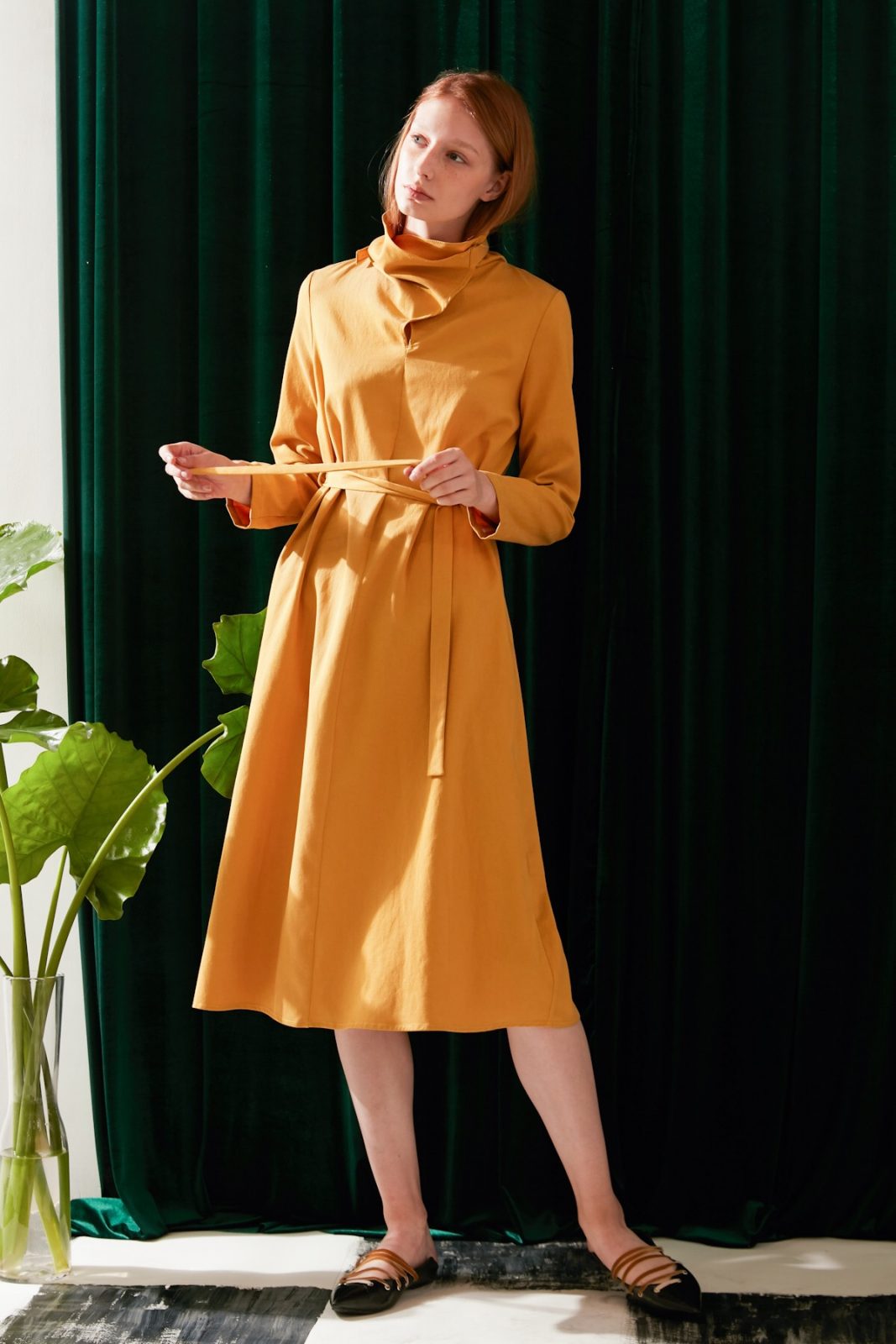 SKYE modern minimalist women fashion long sleeve asymmetric high collar dress mustard
