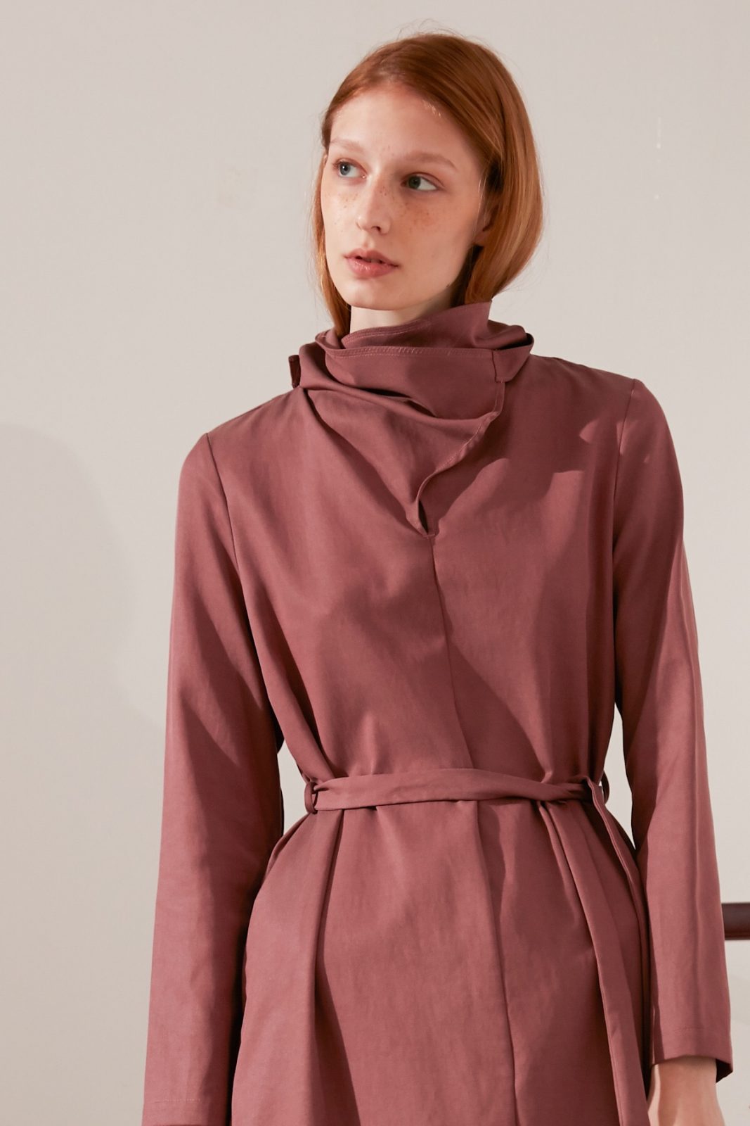 SKYE modern minimalist women fashion long sleeve asymmetrical high collar dress maroon 3