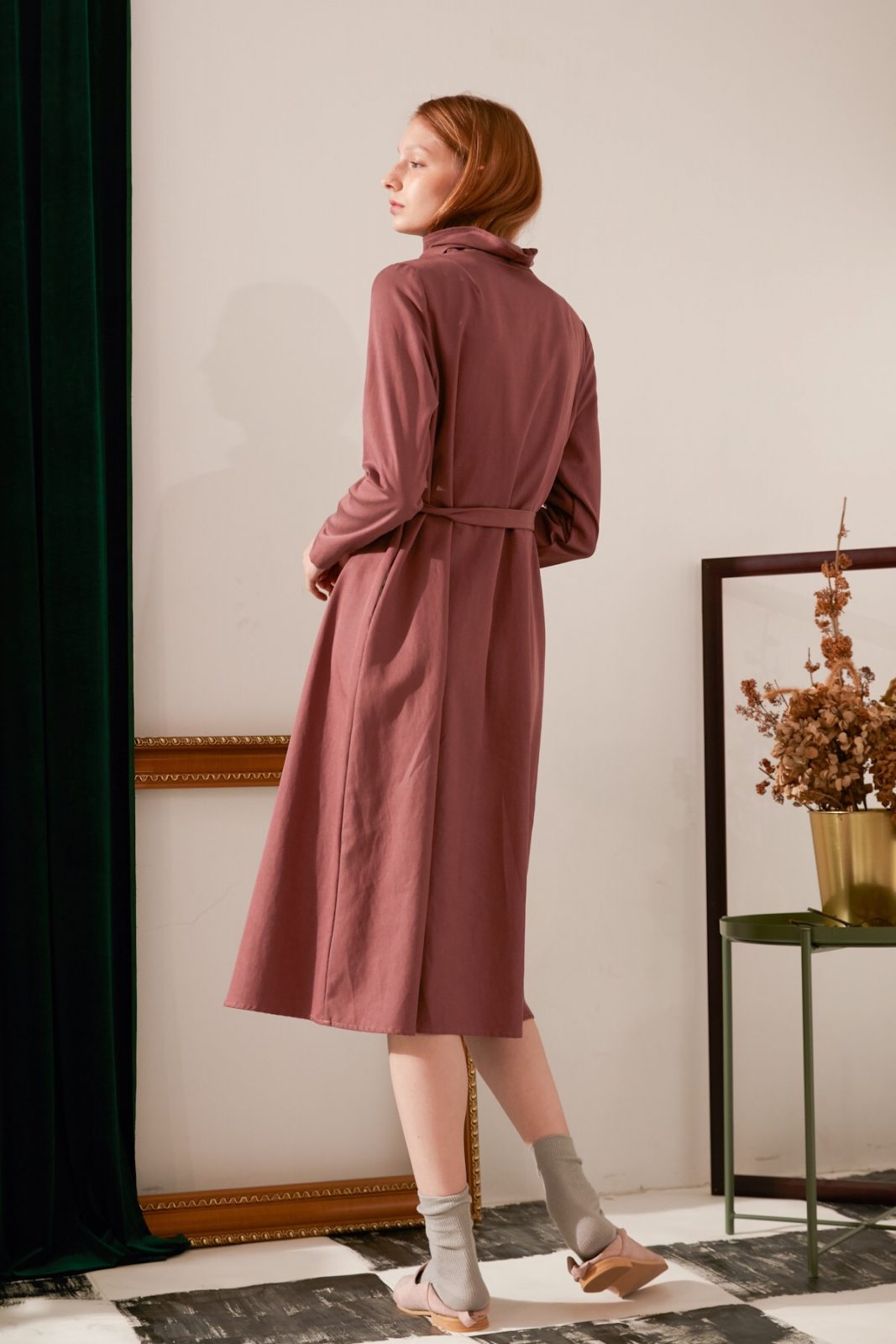 SKYE modern minimalist women fashion long sleeve asymmetrical high collar dress maroon 4