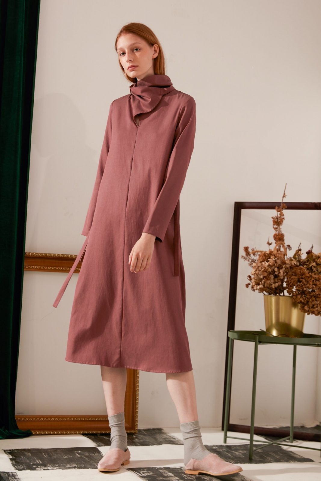 SKYE modern minimalist women fashion long sleeve asymmetrical high collar dress maroon 5