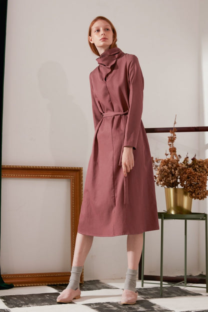 SKYE modern minimalist women fashion long sleeve asymmetrical high collar dress maroon2
