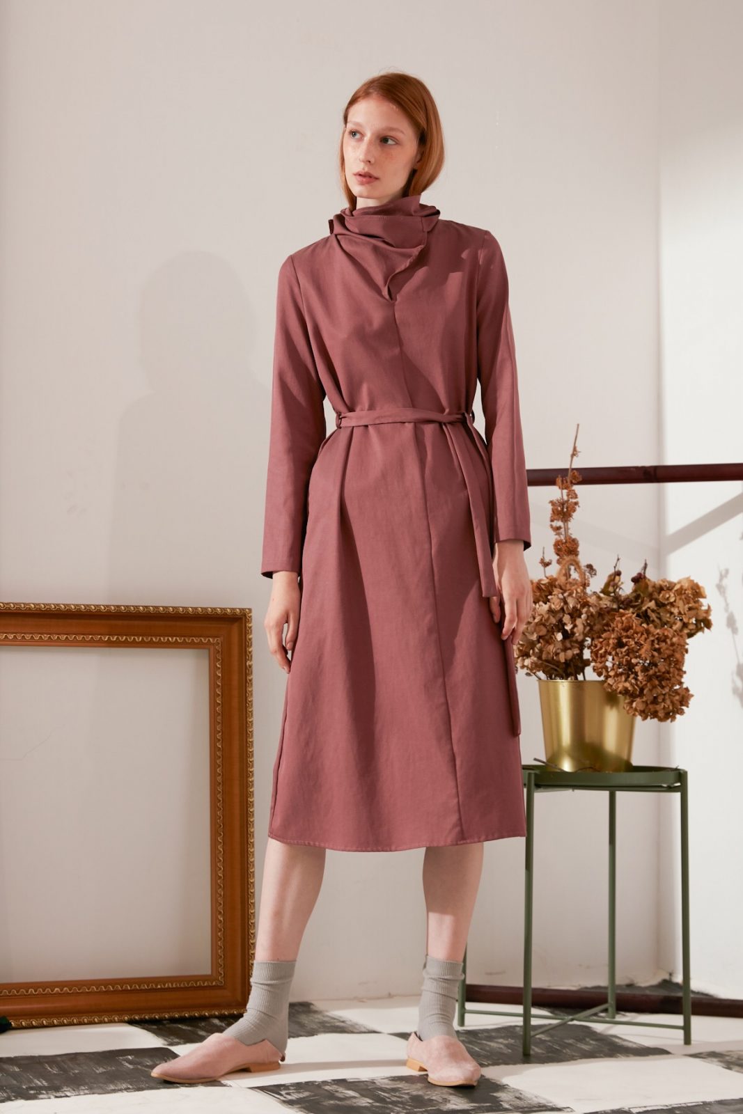 SKYE modern minimalist women fashion long sleeve asymmetrical high collar dress maroon ethical sustainable