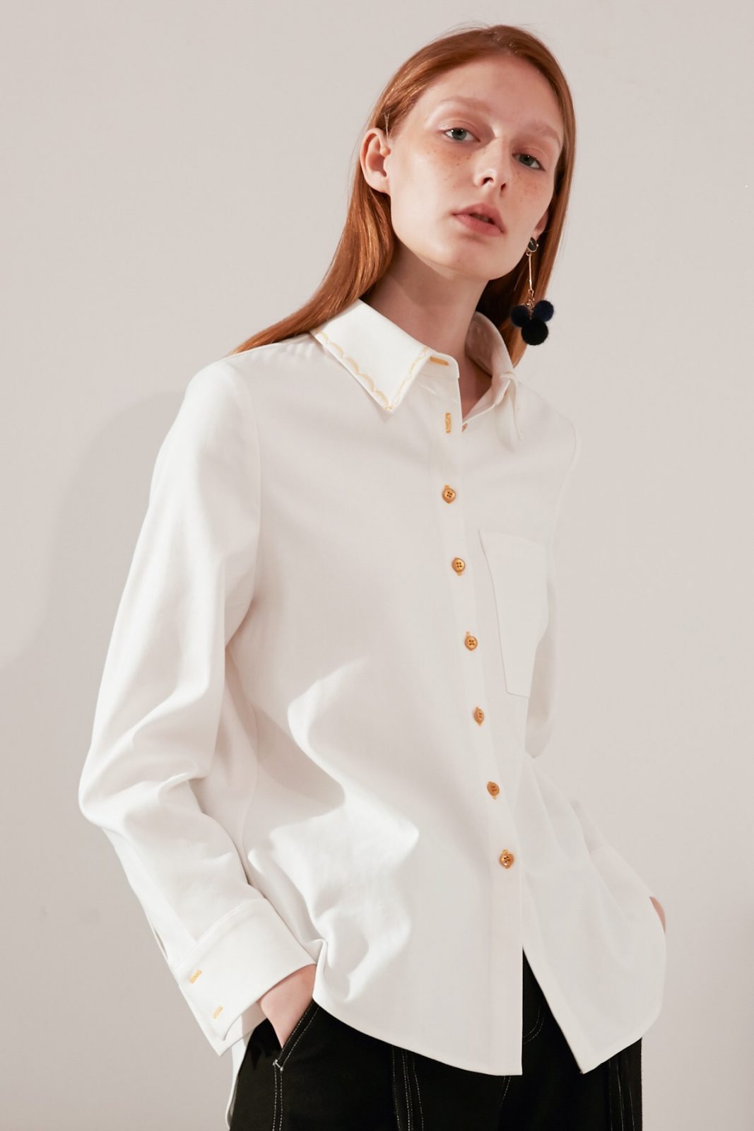 SKYE modern minimalist women fashion long sleeve shirt with gold embroidered collar white 2