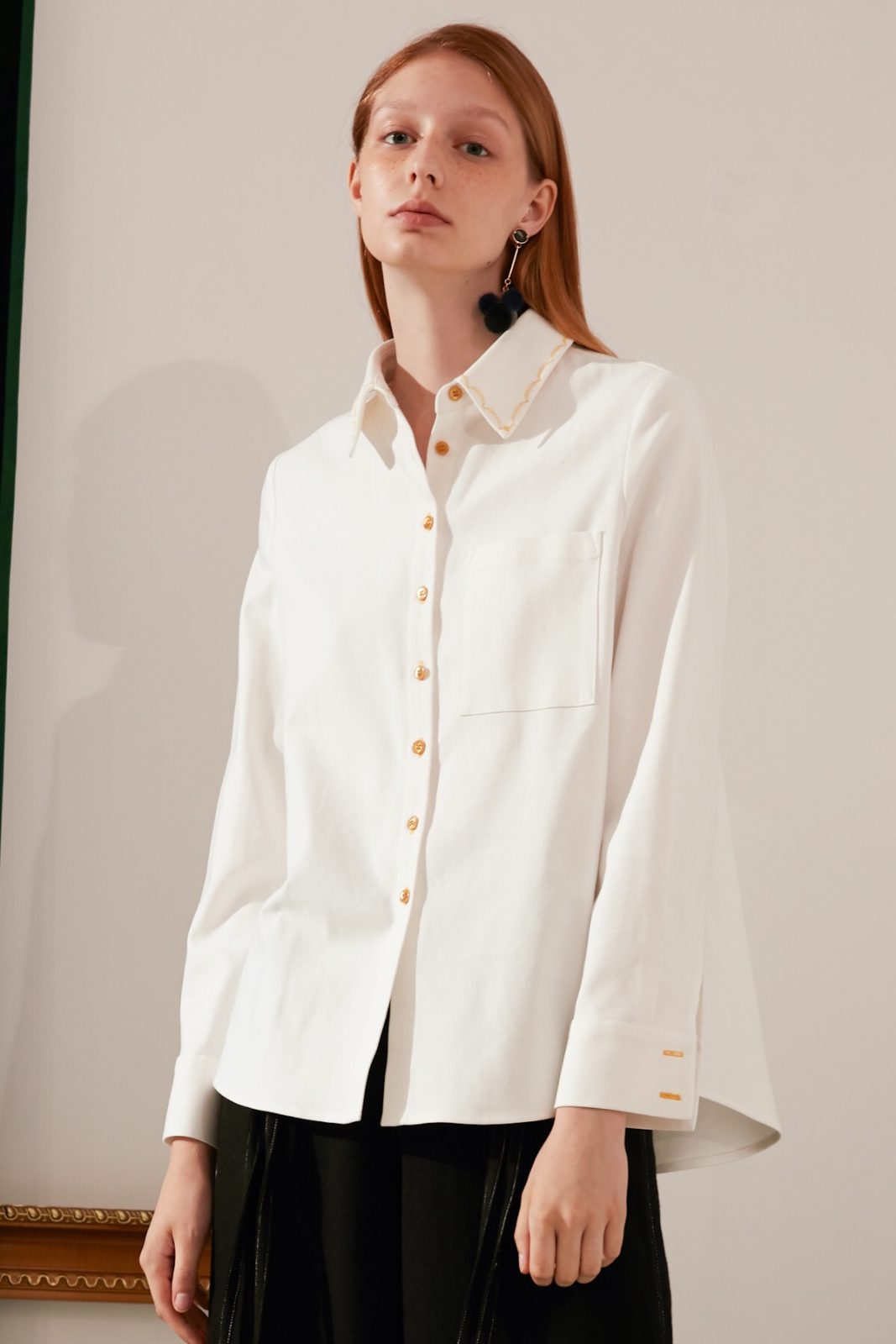 SKYE modern minimalist women fashion long sleeve shirt with gold embroidered collar white 3