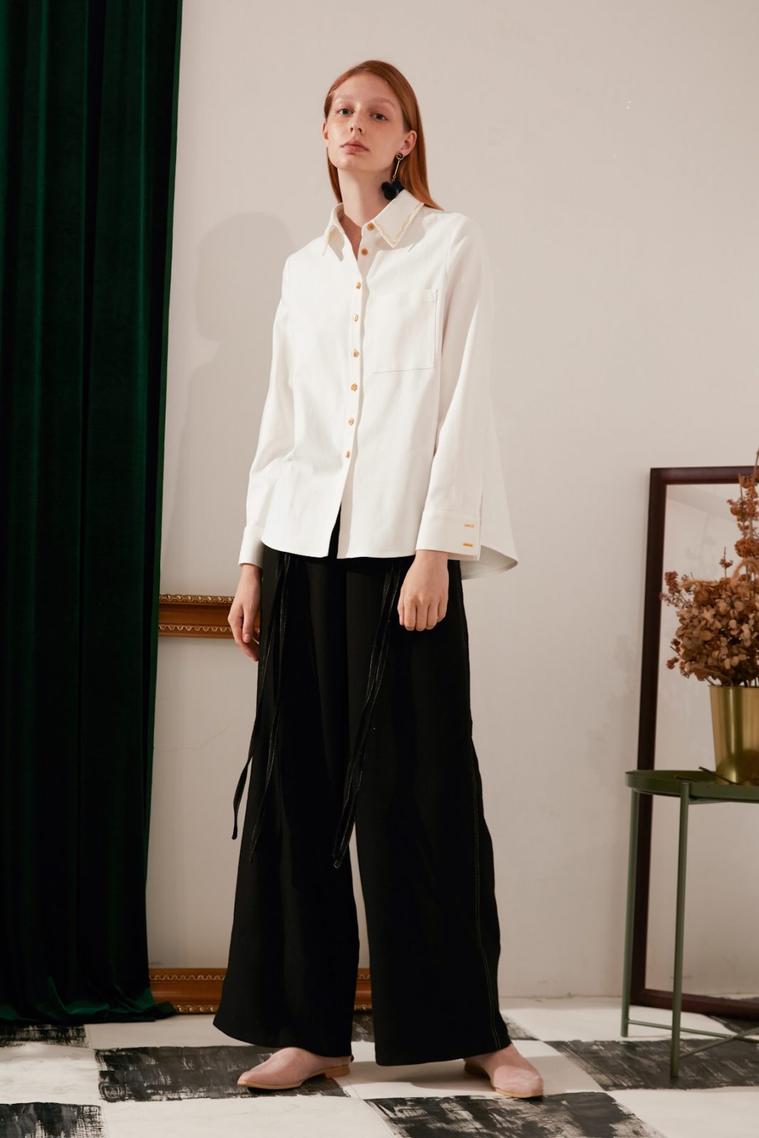 SKYE modern minimalist women fashion long sleeve shirt with gold embroidered collar white 4