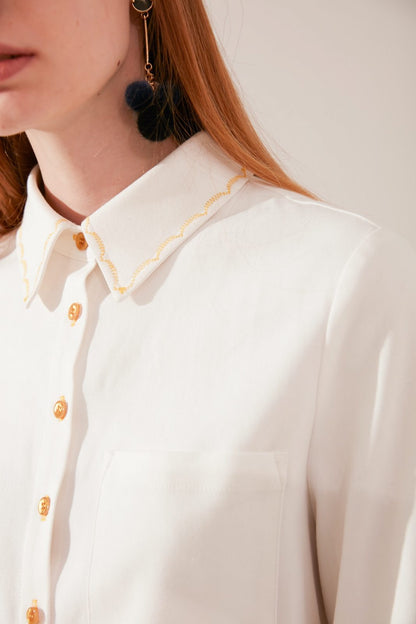 SKYE modern minimalist women fashion long sleeve shirt with gold embroidered collar white 8