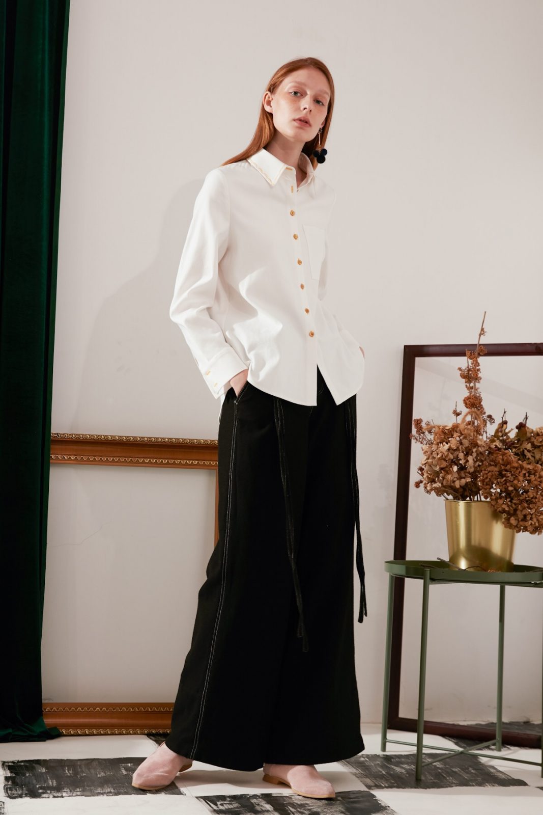 SKYE modern minimalist women fashion long sleeve shirt with gold embroidered collar white