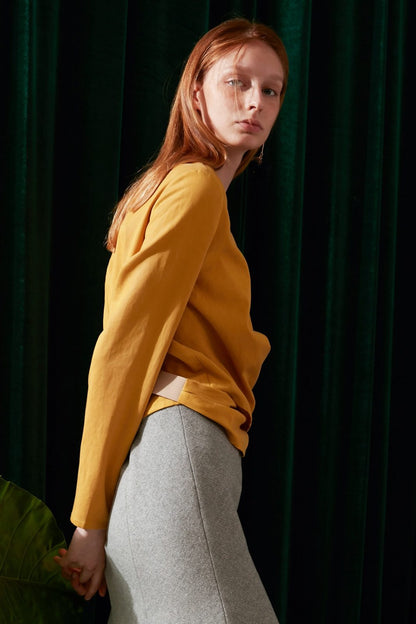 SKYE modern minimalist women fashion long sleeve wrap waist top mustard 3