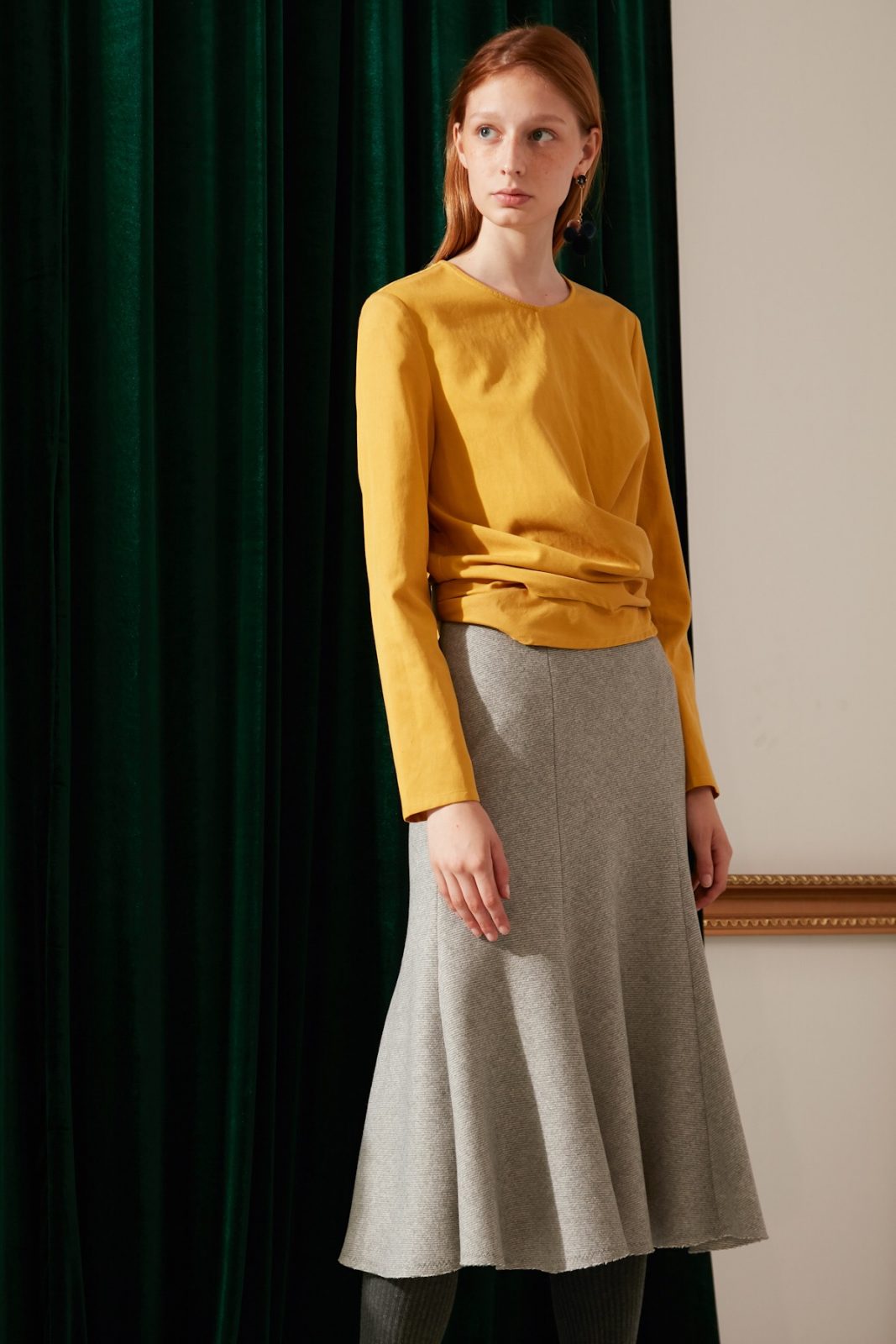 SKYE modern minimalist women fashion long sleeve wrap waist top mustard 7
