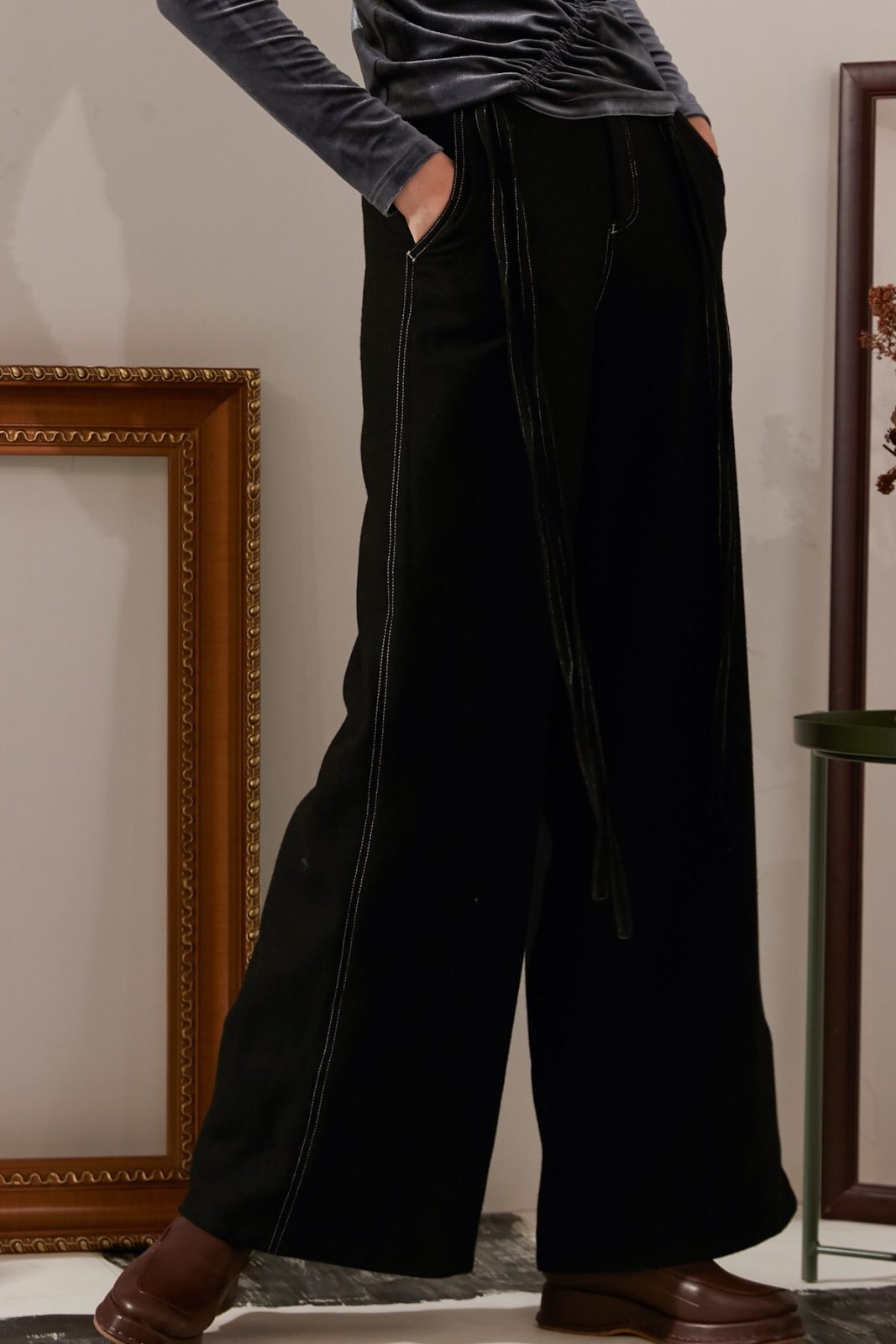 SKYE modern minimalist women fashion long wool wide legged pants with tie belt black 8