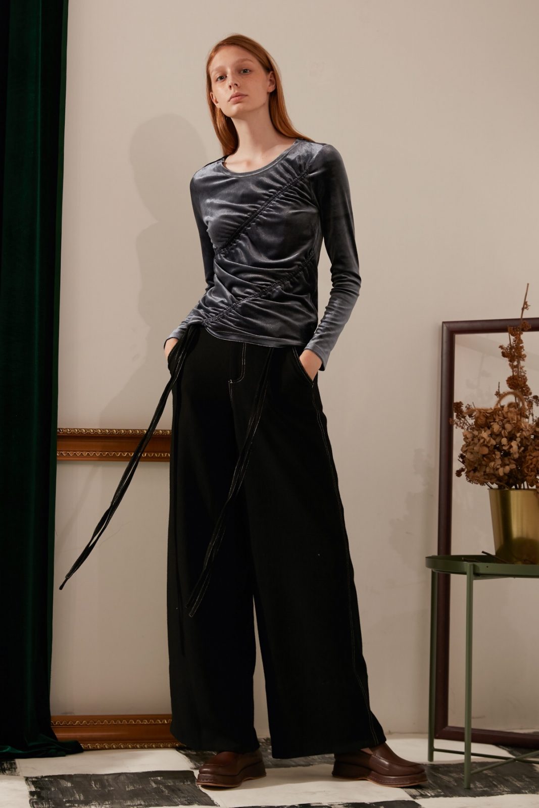 SKYE modern minimalist women fashion long wool wide legged pants with tie belt black