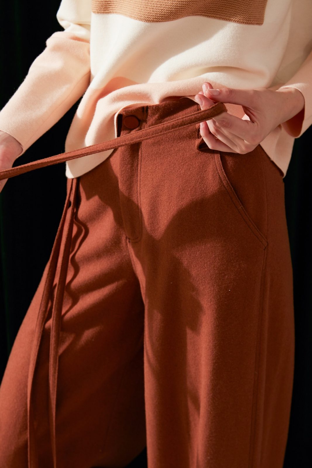 SKYE modern minimalist women fashion long wool wide legged pants with tie belt brown 2